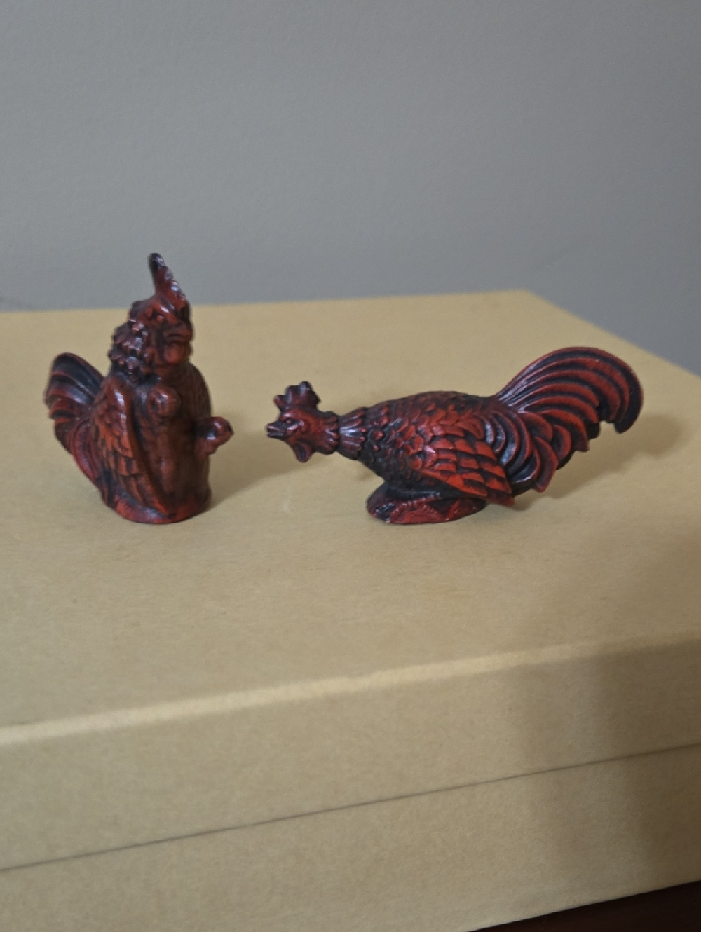 Pair of Ceramic Red-Brown Rooster & Hen Figurines 3 Inches